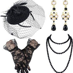 Fascinator Hat Set Women Veil Gloves Necklace Earrings for Party Funeral